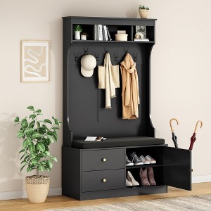QingMoon 6-in-1 Storage Hall Tree with Bench and Shoe Cabinet, Anti-toppling Coat Rack with 7 Hooks, 2 Drawers and Adjustable Shelves for Entryway - 1 of 4