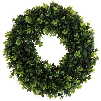 Artificial Boxwood Wreath - 12 Inch UV-Resistant Plastic Front Door Wreath and Window Decor for Spring and Summer by Pure Garden (Green)