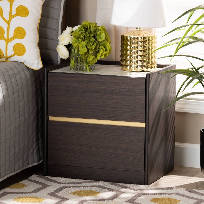 Walker Wood Nightstand with Faux Marble Top Dark Brown/Marble/Gold - Baxton Studio, 6 of 9