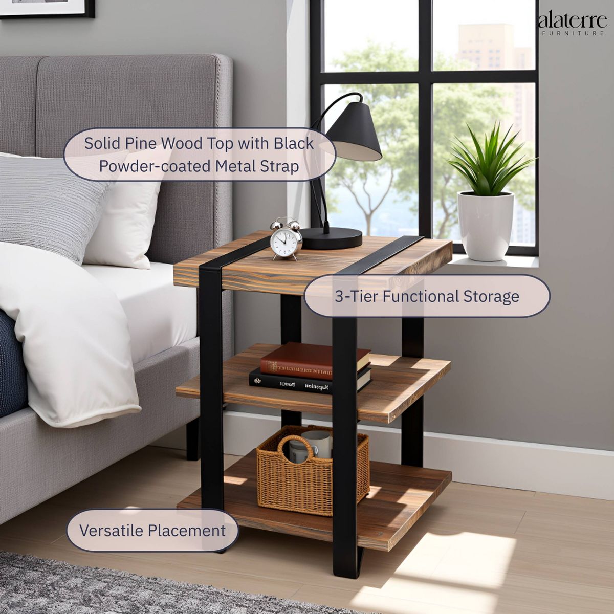 20" Modesto 2 Shelf Solid Wood and Metal End Table - Alaterre Furniture: Industrial, Rustic Design - thumbnail 3
