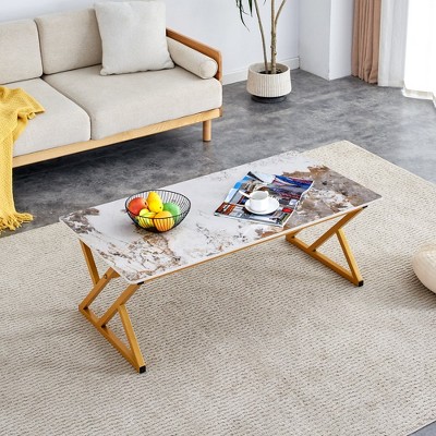 MAYEERTY Rock Slab Coffee Table - Natural Marble Pattern, Golden Metal Legs.