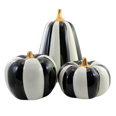 Home Decor 10.25" Black/ White Striped Pumpkins St/3 Thanksgiving Halloween  -  Decorative Figurines