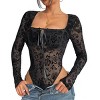 Women's Embroidered Tie-Front Bodysuit Sheer Black Long-Sleeve Lingerie for a Chic Look - 2 of 4