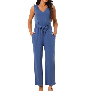 Seta T Women's Sleeveless Tie Waist Stretchy Long Pant Romper Jumpsuit - 1 of 4