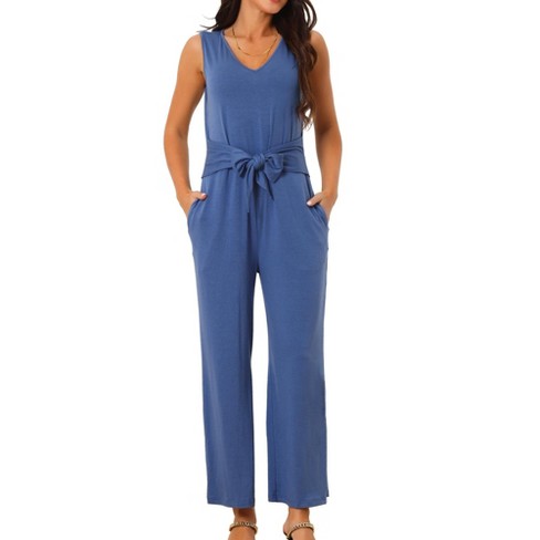 Seta T Women s Sleeveless Tie Waist Stretchy Long Pant Romper Jumpsuit Blue Large