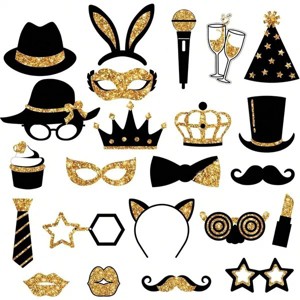 24 Pieces Gold Party Photo Booth Props Set with Crowns, Lips, Ties for Birthday Wedding Prom - 1 of 4