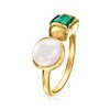 Ross-Simons 8-8.5mm Cultured Pearl and 1.90 Carat Emerald Toi Et Moi Ring in 18kt Gold Over Sterling - 3 of 4