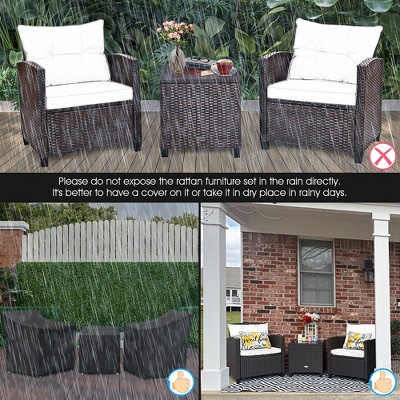 3-Piece Blue Cushioned Rattan Conversation Set with Brown Frame