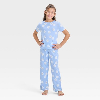 Girls' 3pc 'Daisy' Printed Short Sleeve Pajama Set - Cat & Jack™ Blue/White XS