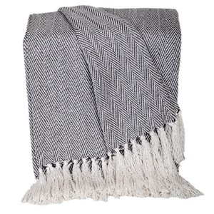 HomeRoots 52" X 67" Gray and Ivory Woven Cotton Herringbone Throw Blanket with Fringe - 1 of 4