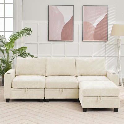 Hyleory 91" Modern Chenille Fabric Storage Sectional Sofa with Ottoman for Living Room