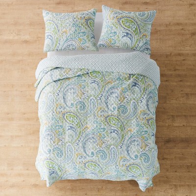 Full Blue Cotton Reversible Paisley Quilt Set