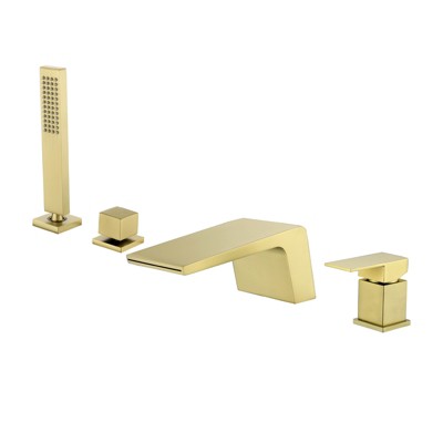 Cobbe Single Handle Tub Faucet Set with 4.72-Inch Wide Waterfall Spout, Handheld Shower and 23.62-Inch Water Inlet 4-Hole Installation Brushed Gold