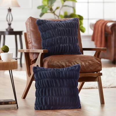 Blue Charcoal Ruched Faux Fur 18" x 18" Pillow Covers Set