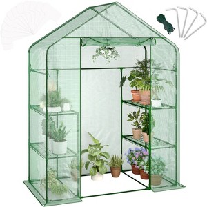 Portable Greenhouse with Thickened PE Cover & Roll-up Zipper Door - Walk-in Tunnels for Seedlings, Flowers, 4/12-Tier Shelves (Green, House/Dome) - 1 of 4