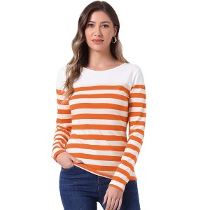 INSPIRE CHIC Women's Color Block Round Neck Long Sleeves Striped Basic T-Shirt - 1 of 4