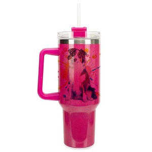 100 North 40 Ounce Stainless Steel Double Wall Insulated Glitter Travel Tumbler With Handle, Straw, and Lid, Australian Shepherd Hot Pink - 1 of 4