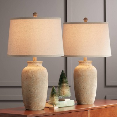 Rustic Beige Ceramic Table Lamps with Oatmeal Shades, Set of 2