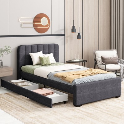 KIGFTSOD  Twin Size Grey Platform Bed Frame with 2 Storage Drawers and Headboard with USB, Linen Fabric Simple Style