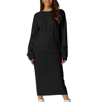 Seta T Womens' Winter Casual Crewneck Sweater Midi Skirts with Pockets Lounge Set Two Pieces