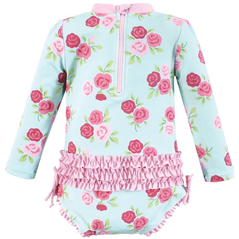 Hudson Baby Girls Rashguard Toddler Swimsuit, Mint Pink Roses, 2 of 3