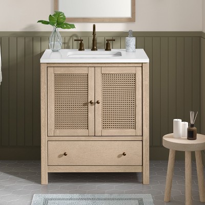 Natural Rubber Wood Freestanding Bathroom Vanity with Rattan Doors