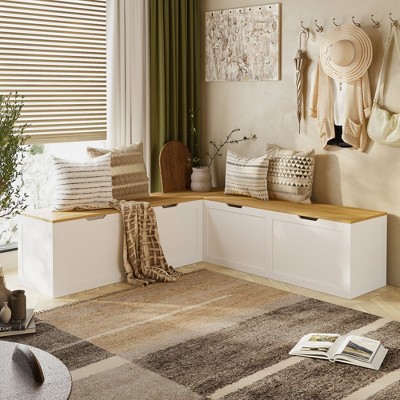 FUFU&GAGA Corner Entryway Bench w/Hidden Storage White Oak Finish Shoe Cabinet