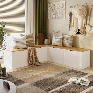 FUFU&GAGA Corner Entryway Bench w/Hidden Storage White Oak Finish Shoe Cabinet - 1 of 4