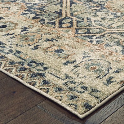 Ivory and Blue Rectangular Oriental Synthetic Area Rug
