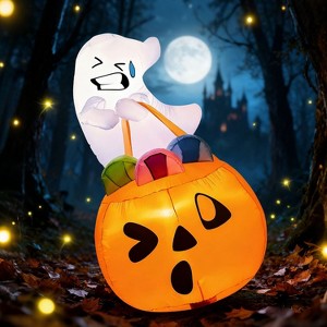 Joyfy 5 FT Halloween Inflatables Outdoor Decorations, Inflatable Cute Ghost Lift Pumpkin Candy Bag with LEDs for Halloween Yard Garden Lawn Decoration - 1 of 4