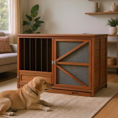 Grungis 43" Dog Crate for Small and Medium Dogs,Wooden Dog House with 360° Rotating Feeder,Dog Kennel with Removable Tray for Indoor