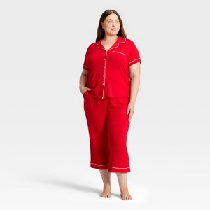 Women's Cloud Knit Modal Short Sleeve Notch Collar Top and Capri Pants Pajama Set - Auden™ - 1 of 3