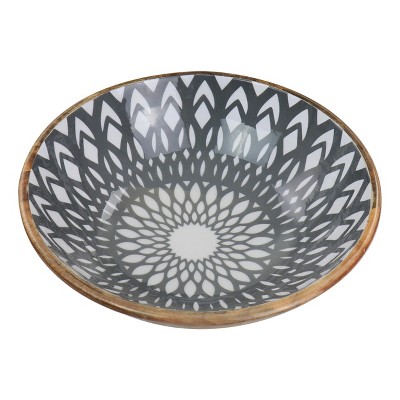Large Gray Mango Wood Serving Bowl with Enamel Finish