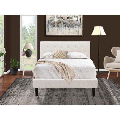 East West Furniture 2 Piece Bedroom Set - Full Size Button Tufted Bed Frame - White Velvet Fabric Upholstered Headboard and a White Finish Nightstand