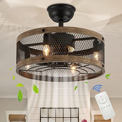 Ludomide 17.7" Caged Small Farmhouse Ceiling Fan with Lights, Remote Control, Rustic Bladeless Enclosed Fandelier for Bedroom, Kitchen, Living Room