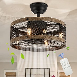 Ludomide 17.7" Caged Small Farmhouse Ceiling Fan with Lights, Remote Control, Rustic Bladeless Enclosed Fandelier for Bedroom, Kitchen, Living Room - 1 of 4