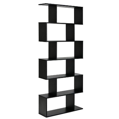 Yukimo 6-Tier S-Shaped Bookshelf, Storage Display Bookcase Decor Z-Shelf, 31.5" x 9" x 75", Black/White/Coffee