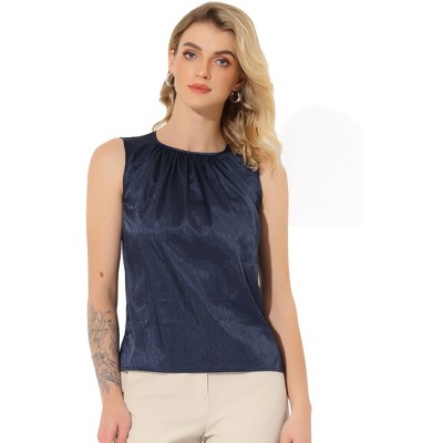 Allegra K Women's Satin Round Neck Sleeveless Work Office Pleated Blouse