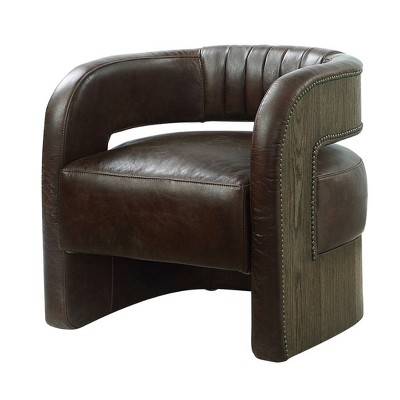 Espresso Leather Barrel Swivel Accent Chair with Wood Frame