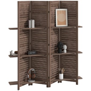 HOMCOM 4 Panel 67" Tall Wood Privacy Screen Room Divider with 3 Display Shelves, and Folding Storage for Bedroom or Home Office, Walnut - 1 of 4