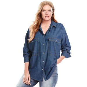 Woman Within Women's Plus Size Snap Front 4-Pocket Denim Big Shirt - 1 of 4