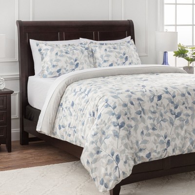 Blue Taupe Layered Leaf Microfiber Queen Duvet Cover Set