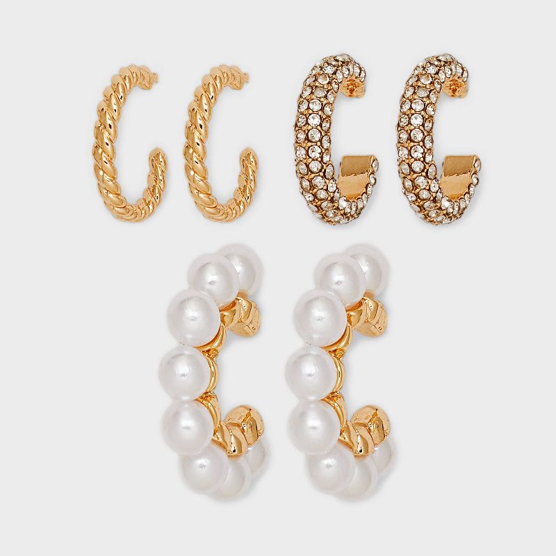 Gold Hoop Stone Pearl Earring Set 3pc - A New Day&#8482; Gold, 1 of 6