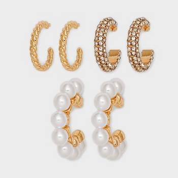 Gold Hoop Stone Pearl Earring Set 3pc - A New Day™ Gold