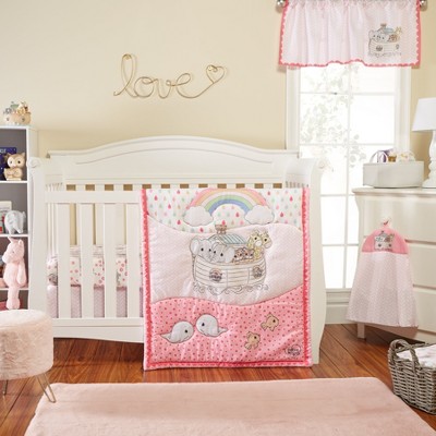 Everyday Kids Noah’s Ark 4-Piece Crib Bedding Set for Girls – Includes Quilt, Fitted Sheet, Dust Ruffle & Diaper Stacker with Animal Prints