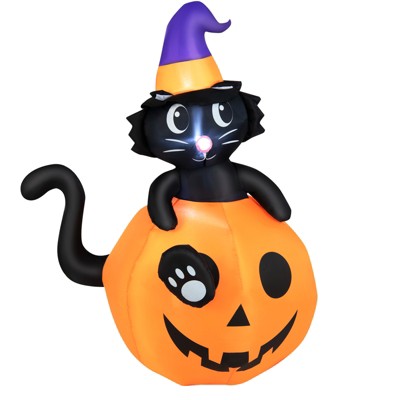 Tangkula 5FT Inflatable Halloween Cat on Pumpkin LED Blow up Lighted Black Cat W/ Pumpkin Decoration Holiday Decorations