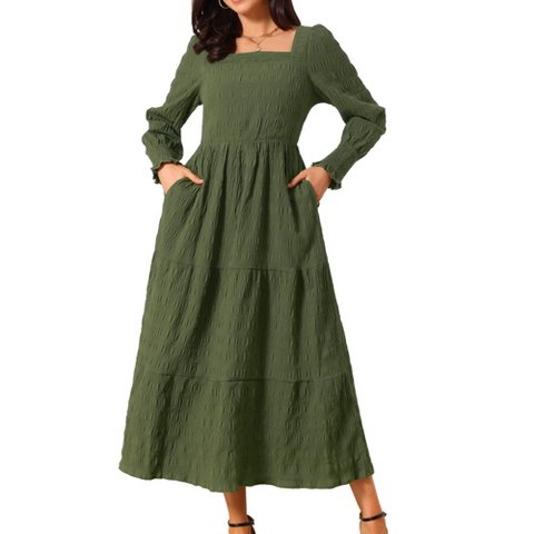 Женские платья INSPIRE CHIC Women's Fall Smocked Long Sleeve Square Neck Flowy Casual Maxi Tiered Dresses with Pockets Green Medium
