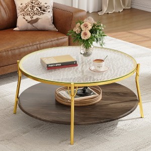 ACEPANO 29.9 in. W Modern Round 2-Tiered Coffee Table with Glass Top and Gold Base for Living Room-Walnut - 1 of 4