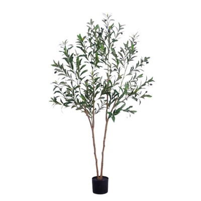 Artificial Olive Tree with Real Wood Trunk, Adjustable Faux Plant with Planter for Home Office Decor, Green