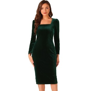 Allegra K Women's Long Sleeve Square Neck Cocktail Evening Party Bodycon Midi Dress - 1 of 4